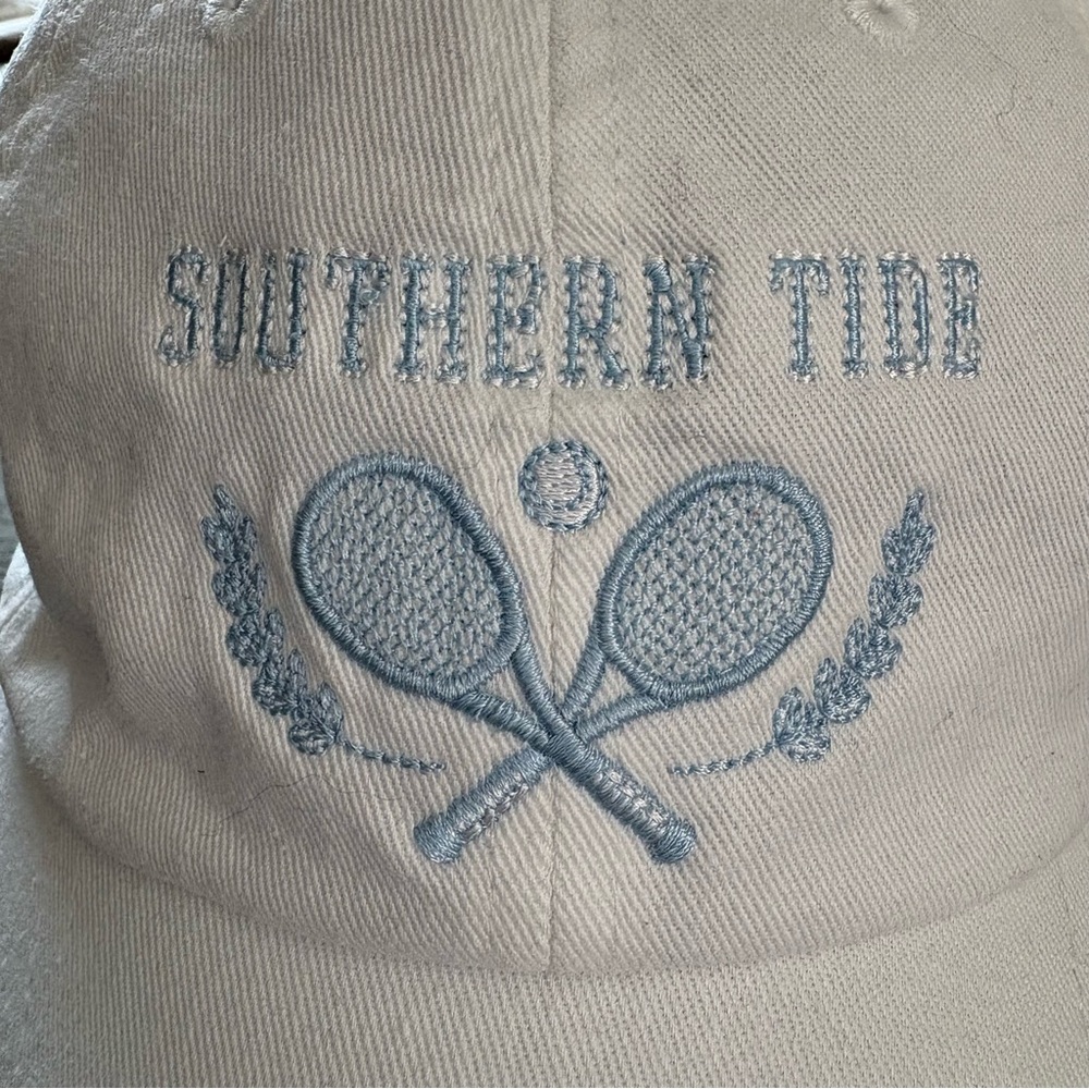 Southern Tide Adjustable White Cap with Blue Tennis Design. OS. - Picture 2 of 8
